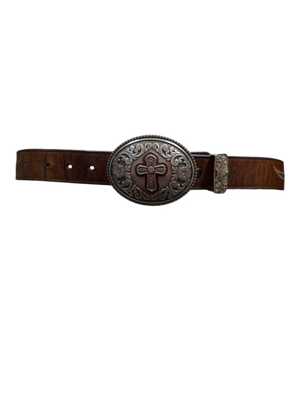 Ariat Genuine Leather Western Belt Brown Cross Rhinestone Buckle Size Large 44”